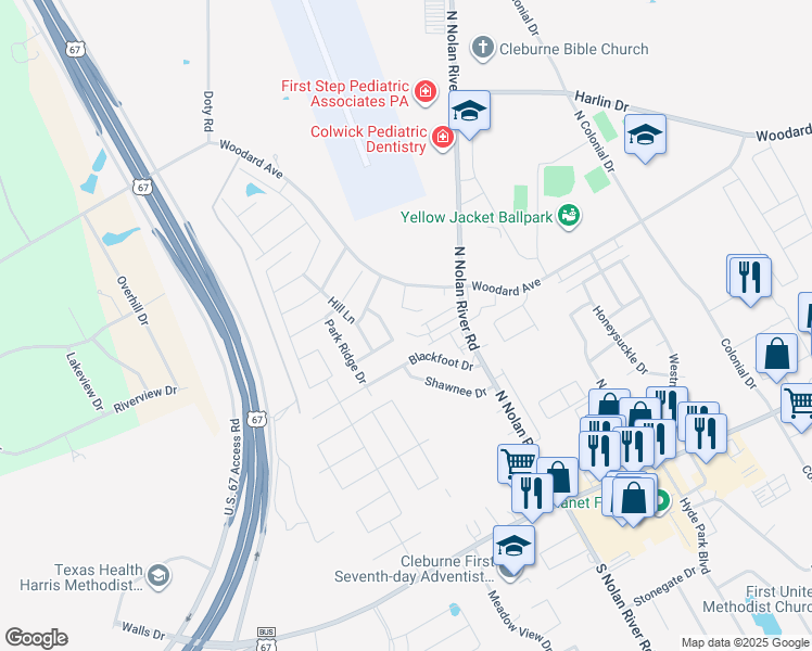 map of restaurants, bars, coffee shops, grocery stores, and more near 701 Miracle Lane in Cleburne