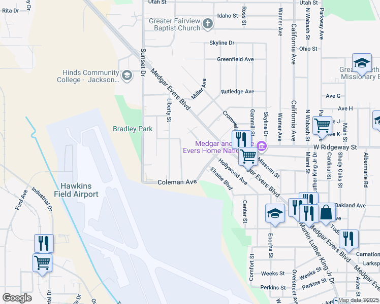 map of restaurants, bars, coffee shops, grocery stores, and more near 160 Bindura Court in Jackson