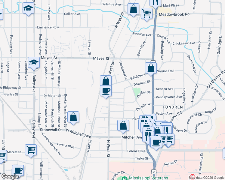map of restaurants, bars, coffee shops, grocery stores, and more near 307 East Ridgeway Street in Jackson