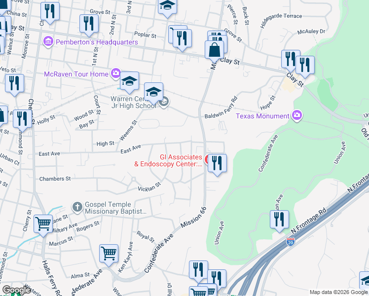map of restaurants, bars, coffee shops, grocery stores, and more near 1823-1899 Eisenhower Dr in Vicksburg