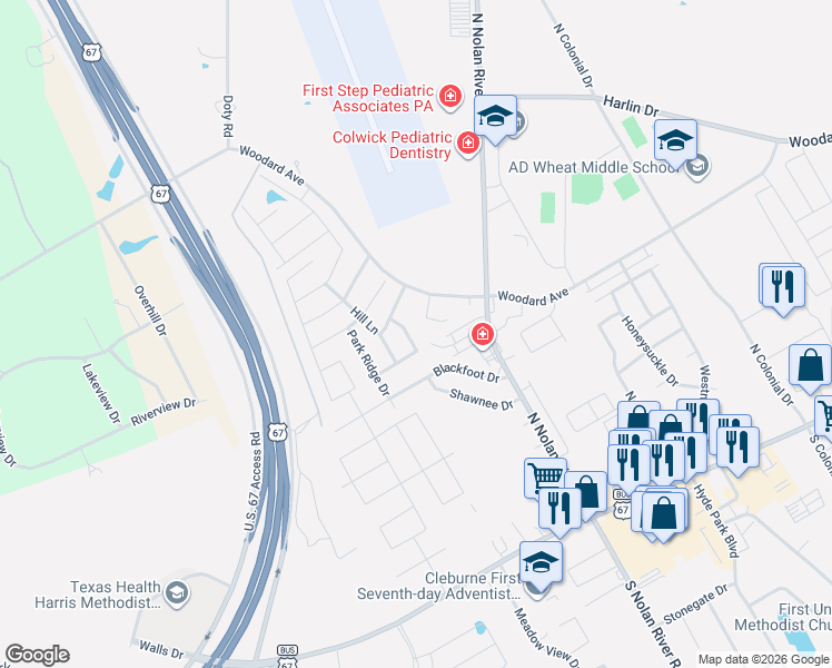 map of restaurants, bars, coffee shops, grocery stores, and more near 701 Miracle Lane in Cleburne