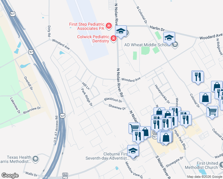 map of restaurants, bars, coffee shops, grocery stores, and more near 1700 Overland Drive in Cleburne