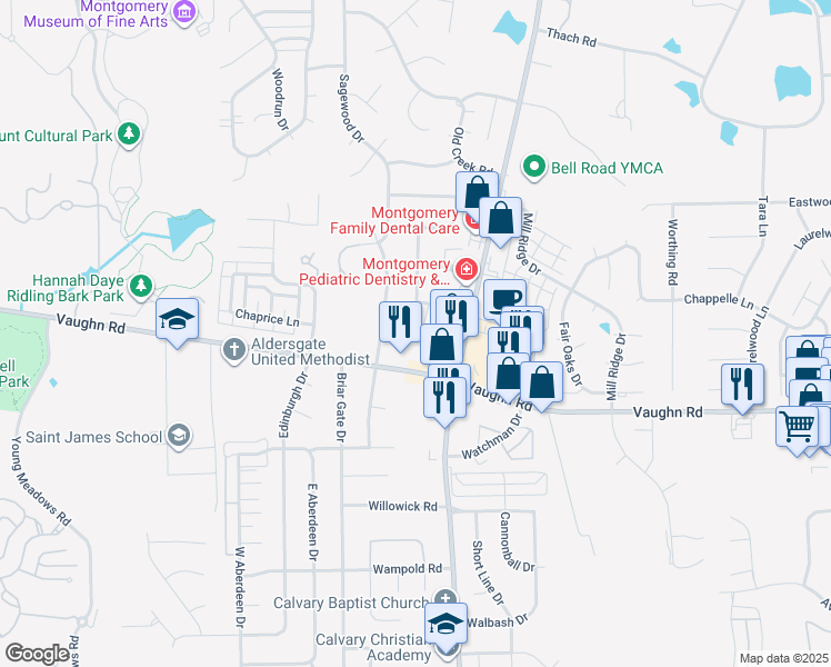 map of restaurants, bars, coffee shops, grocery stores, and more near 2647 Crossgate Trail in Montgomery