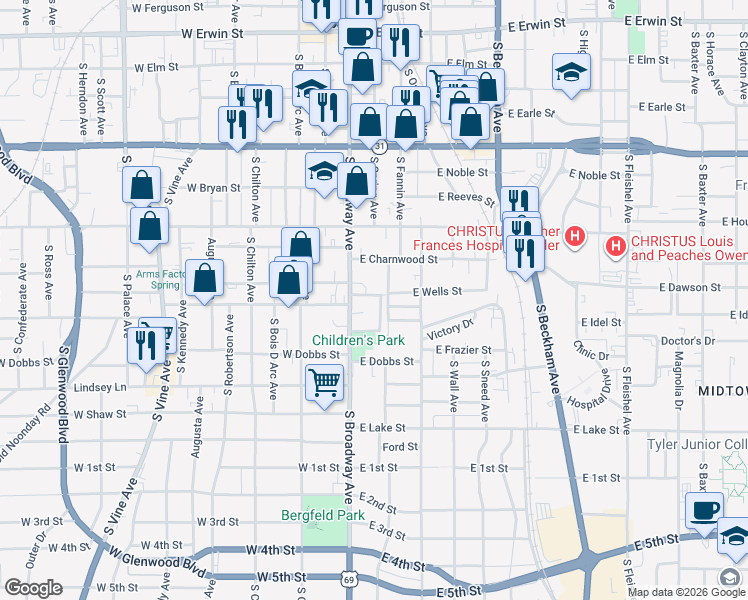 map of restaurants, bars, coffee shops, grocery stores, and more near 110 Rowland Place in Tyler