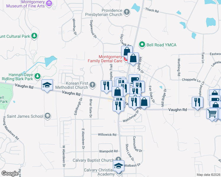 map of restaurants, bars, coffee shops, grocery stores, and more near 2647 Crossgate Trail in Montgomery