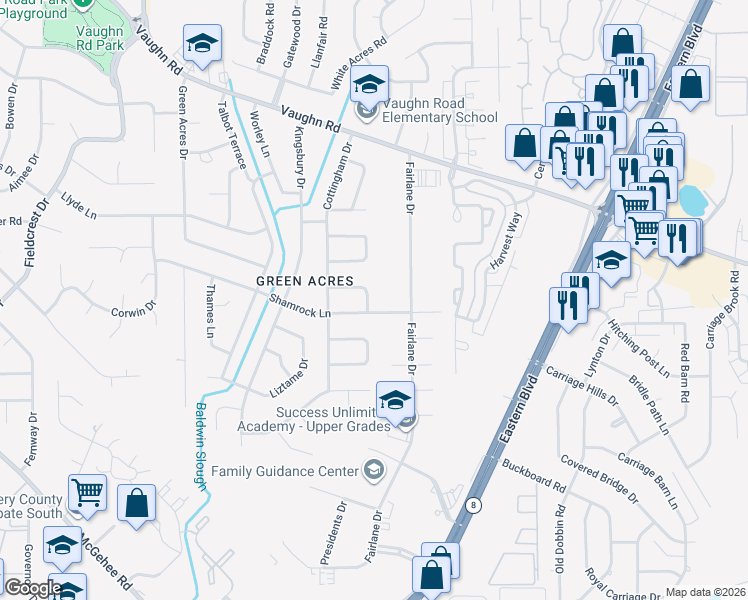 map of restaurants, bars, coffee shops, grocery stores, and more near 40 Fairlane Drive in Montgomery