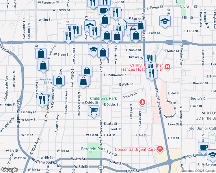 map of restaurants, bars, coffee shops, grocery stores, and more near 110 Rowland Place in Tyler