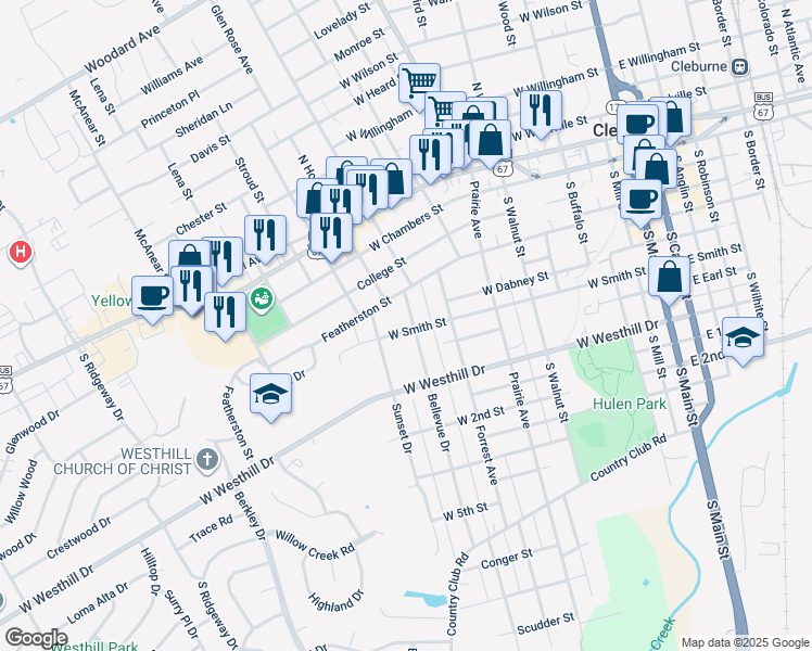 map of restaurants, bars, coffee shops, grocery stores, and more near 111 Bellevue Drive in Cleburne