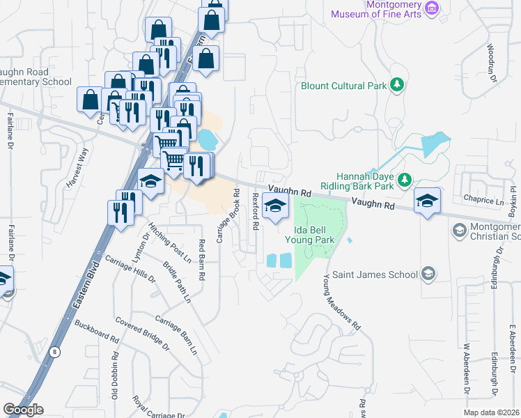 map of restaurants, bars, coffee shops, grocery stores, and more near 2019 Rexford Road in Montgomery
