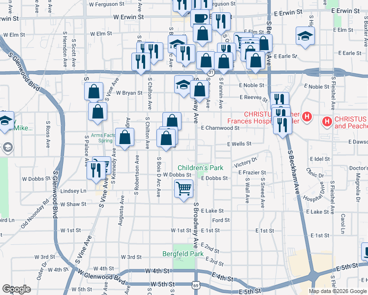 map of restaurants, bars, coffee shops, grocery stores, and more near 723 South Broadway Avenue in Tyler