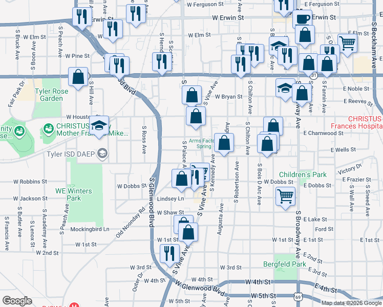 map of restaurants, bars, coffee shops, grocery stores, and more near 718 South Palace Avenue in Tyler
