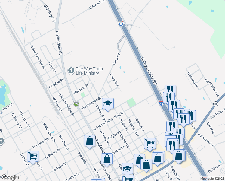 map of restaurants, bars, coffee shops, grocery stores, and more near 1309 Faulkner Avenue in Ennis