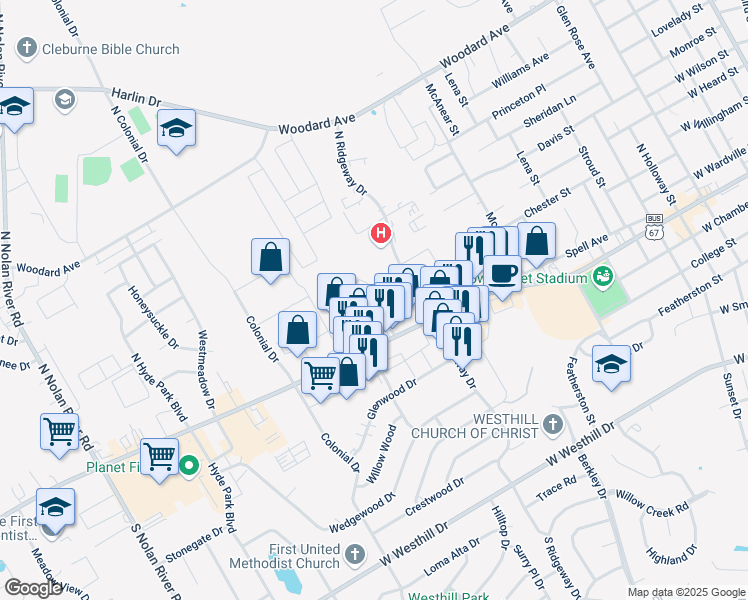 map of restaurants, bars, coffee shops, grocery stores, and more near 101 Westcourt Drive in Cleburne