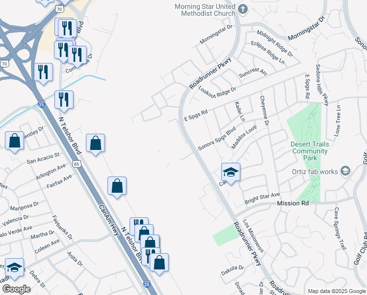 map of restaurants, bars, coffee shops, grocery stores, and more near 2775 Roadrunner Parkway in Las Cruces