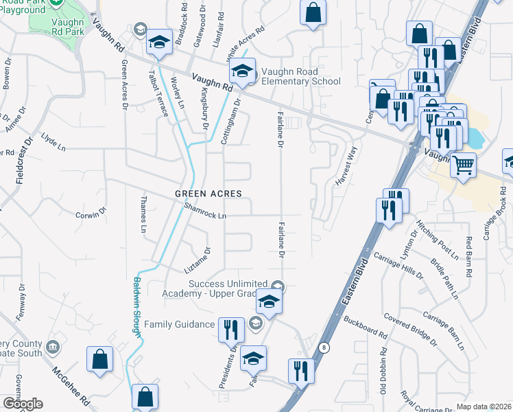 map of restaurants, bars, coffee shops, grocery stores, and more near 40 Fairlane Drive in Montgomery