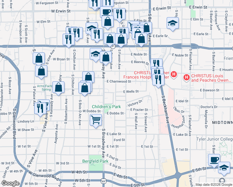 map of restaurants, bars, coffee shops, grocery stores, and more near 219 Wells Street in Tyler