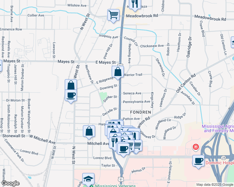 map of restaurants, bars, coffee shops, grocery stores, and more near 3718 North State Street in Jackson