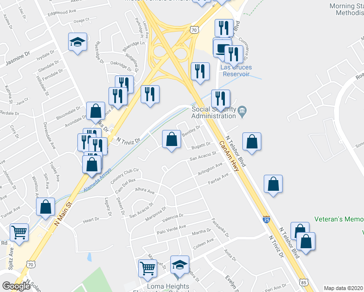 map of restaurants, bars, coffee shops, grocery stores, and more near 2417 Bugatti Drive in Las Cruces