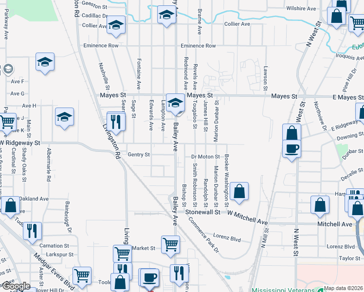 map of restaurants, bars, coffee shops, grocery stores, and more near 3032 Bishop Avenue in Jackson