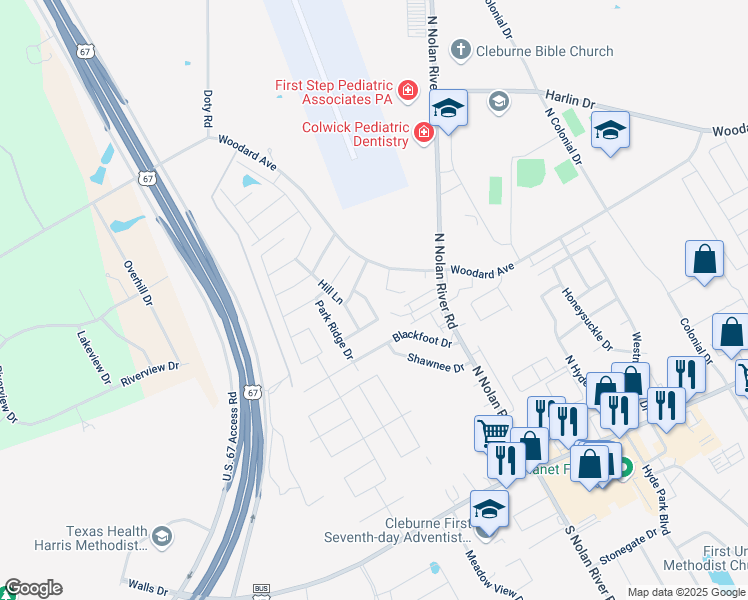 map of restaurants, bars, coffee shops, grocery stores, and more near 701 Miracle Lane in Cleburne