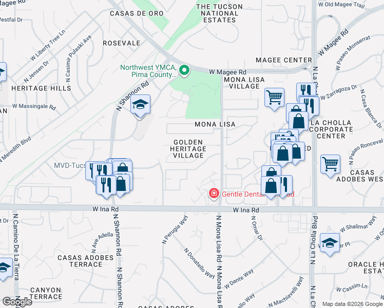 map of restaurants, bars, coffee shops, grocery stores, and more near 2581 West Crown King Drive in Tucson