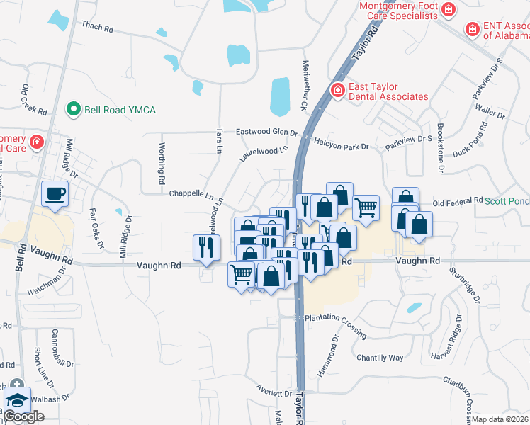 map of restaurants, bars, coffee shops, grocery stores, and more near 8377 Grand Oaks Court in Montgomery