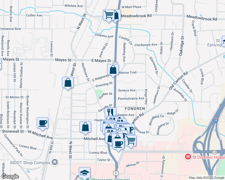 map of restaurants, bars, coffee shops, grocery stores, and more near 3718 North State Street in Jackson