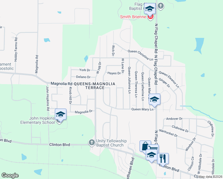 map of restaurants, bars, coffee shops, grocery stores, and more near 405 Queen Margaret Lane in Jackson