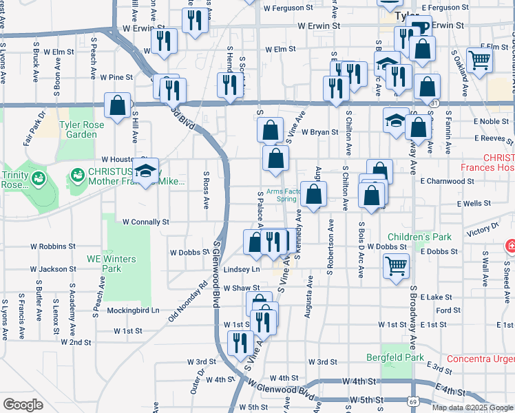 map of restaurants, bars, coffee shops, grocery stores, and more near 718 South Palace Avenue in Tyler