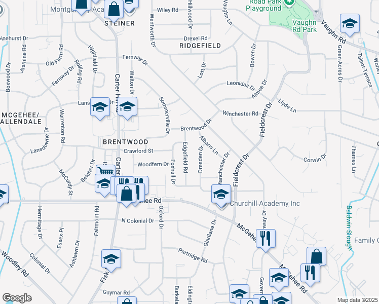 map of restaurants, bars, coffee shops, grocery stores, and more near 3310-3316 Dresden Drive in Montgomery