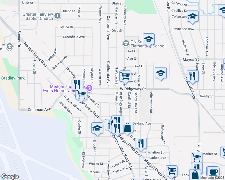 map of restaurants, bars, coffee shops, grocery stores, and more near 2024 West Ridgeway Street in Jackson