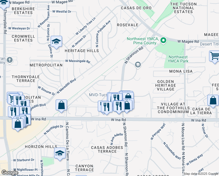 map of restaurants, bars, coffee shops, grocery stores, and more near 7431 North Patriot Drive in Tucson
