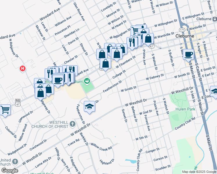 map of restaurants, bars, coffee shops, grocery stores, and more near 804 Featherston Street in Cleburne
