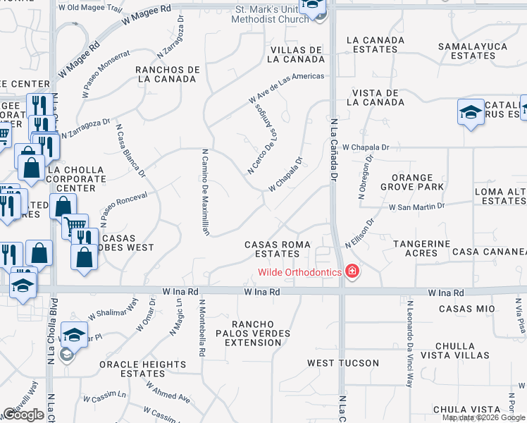 map of restaurants, bars, coffee shops, grocery stores, and more near 1605 West Camino De Maximillian in Tucson