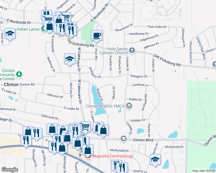 map of restaurants, bars, coffee shops, grocery stores, and more near 108 Murial Street in Clinton
