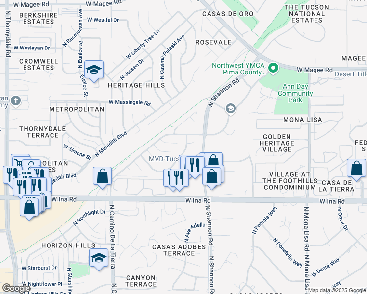 map of restaurants, bars, coffee shops, grocery stores, and more near 7431 North Patriot Drive in Tucson
