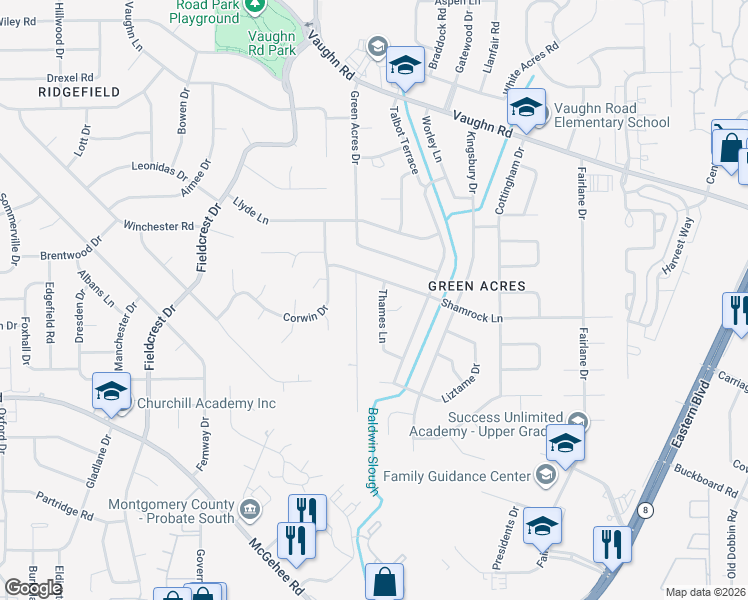 map of restaurants, bars, coffee shops, grocery stores, and more near 2228 Thames Lane in Montgomery