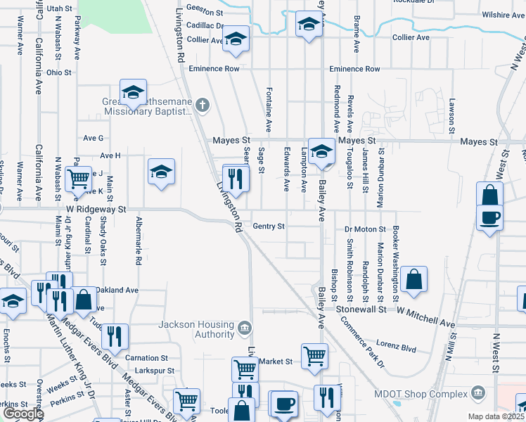 map of restaurants, bars, coffee shops, grocery stores, and more near 1206 West Ridgeway Street in Jackson