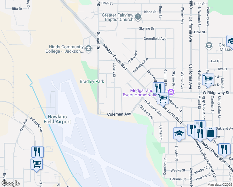 map of restaurants, bars, coffee shops, grocery stores, and more near 3665 Liberty Street in Jackson