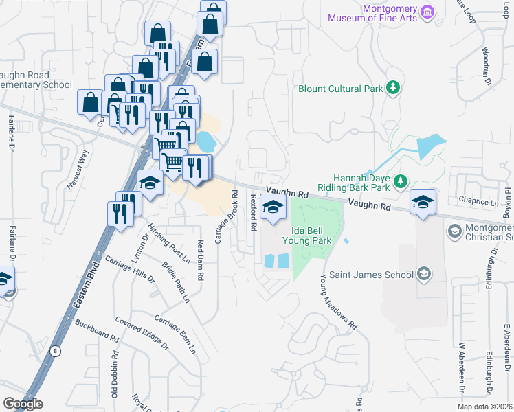 map of restaurants, bars, coffee shops, grocery stores, and more near 2019 Rexford Road in Montgomery