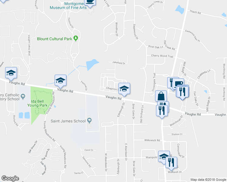 map of restaurants, bars, coffee shops, grocery stores, and more near 6624 Chaprice Lane in Montgomery