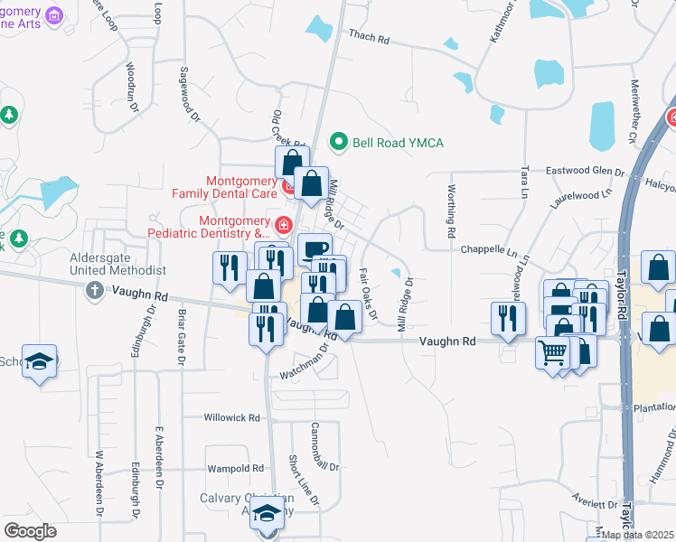 map of restaurants, bars, coffee shops, grocery stores, and more near 2667 Queens Hollow Court in Montgomery