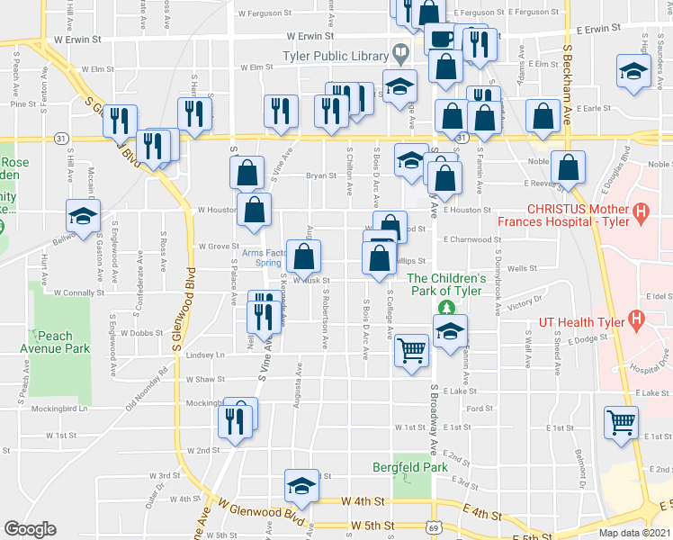 map of restaurants, bars, coffee shops, grocery stores, and more near 727 South Chilton Avenue in Tyler