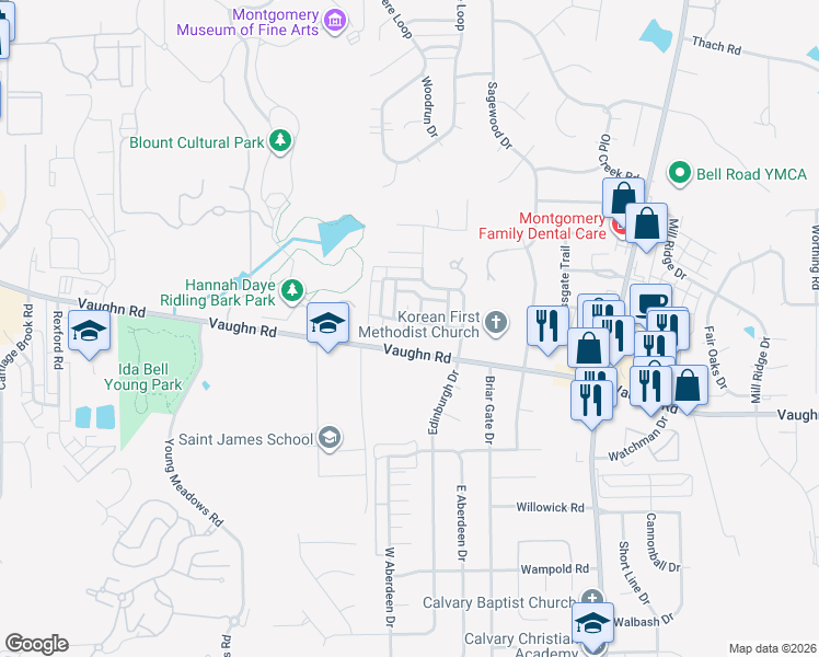 map of restaurants, bars, coffee shops, grocery stores, and more near 6608 Chaprice Lane in Montgomery