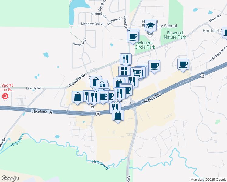 map of restaurants, bars, coffee shops, grocery stores, and more near 300 Ridge Way in Flowood