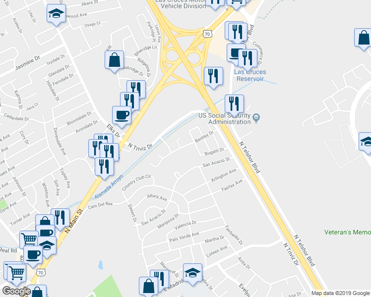 map of restaurants, bars, coffee shops, grocery stores, and more near 1982 Bentley Drive in Las Cruces