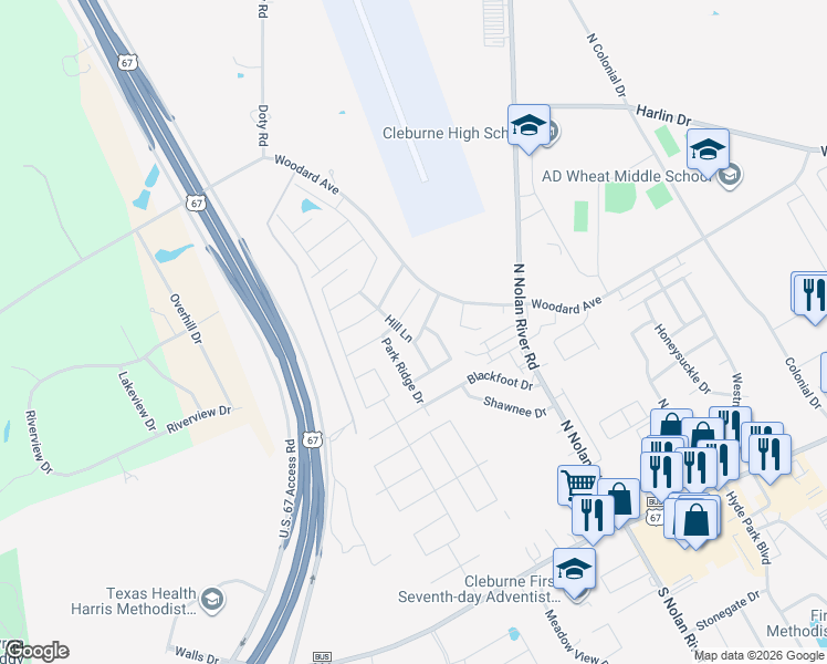 map of restaurants, bars, coffee shops, grocery stores, and more near 709 Remington Drive in Cleburne