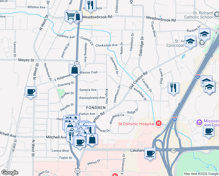 map of restaurants, bars, coffee shops, grocery stores, and more near 3714 Kings Highway in Jackson