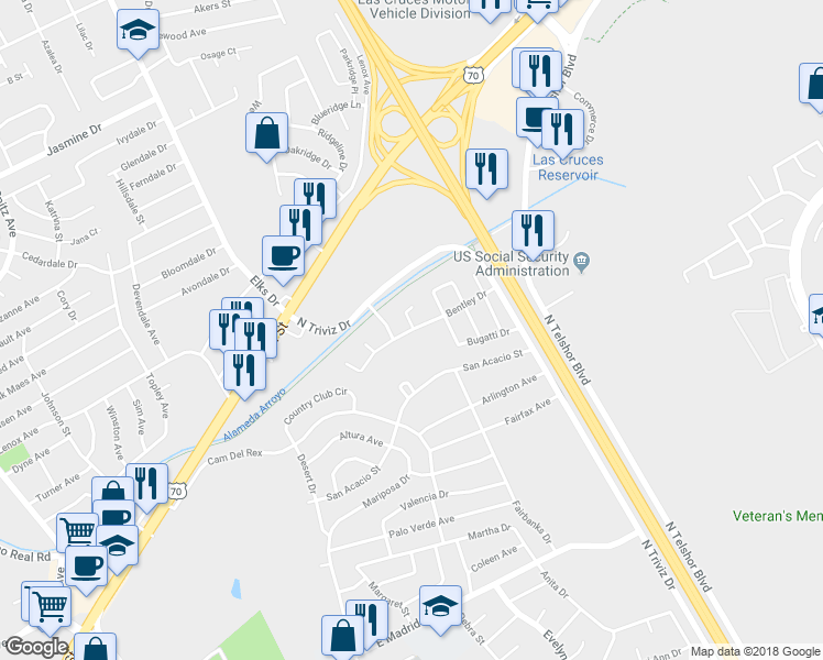 map of restaurants, bars, coffee shops, grocery stores, and more near 1943 Bentley Drive in Las Cruces