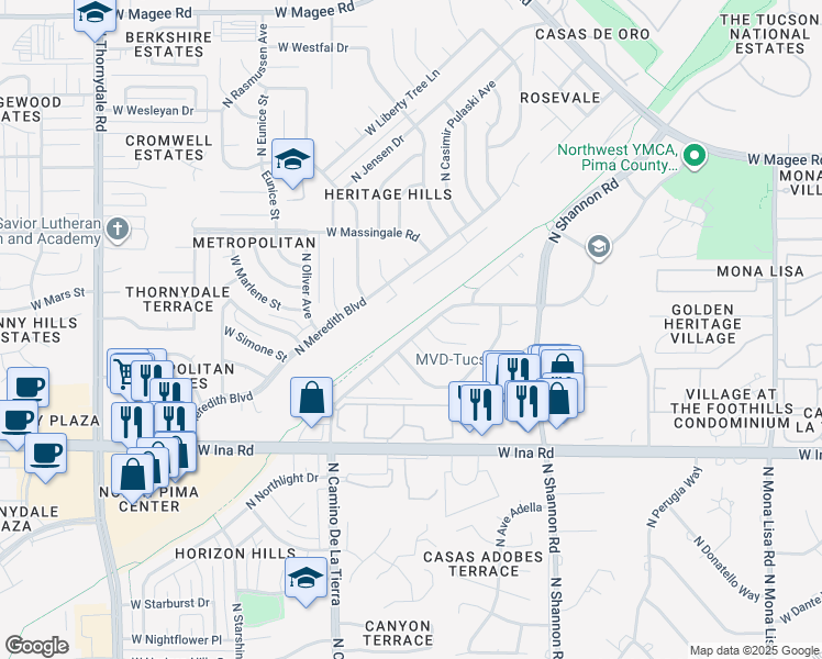 map of restaurants, bars, coffee shops, grocery stores, and more near 7397 North Camino De La Tierra in Tucson